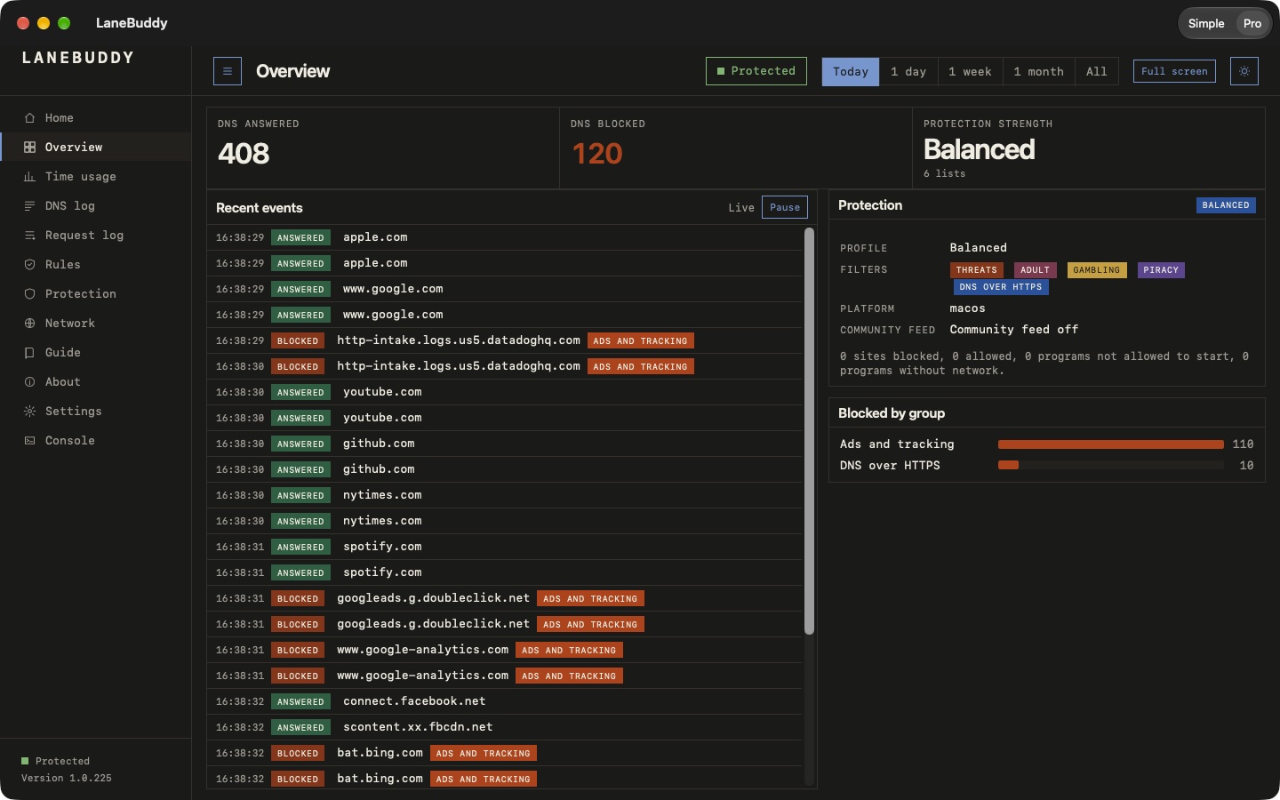 The LaneBuddy Overview: answered and blocked lookups, recent events with the list that blocked each tracker, and the protection level