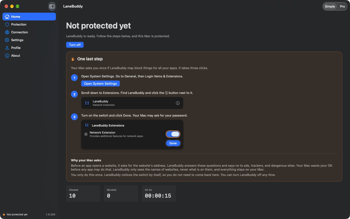 LaneBuddy's setup guide: open System Settings, click the info button next to LaneBuddy, turn on the Network Extension switch, and click Done